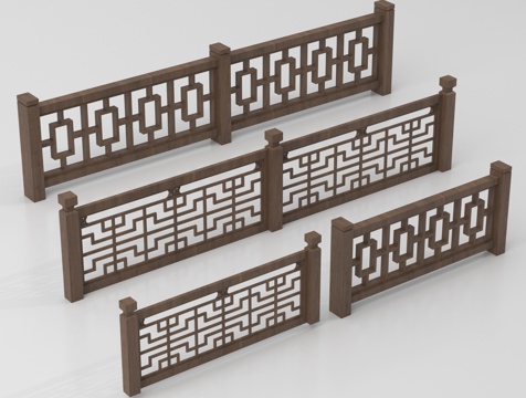 新中式栏杆护栏 栅栏围栏 实木围栏护栏su模型