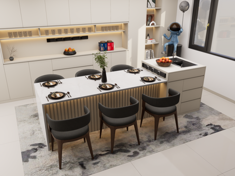 现代岛台餐桌椅 中岛台 家居吧台 餐边柜 摆件su模型