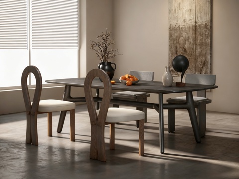  现代侘寂中古风餐厅 餐桌椅 无主灯餐厅 盆栽3D模型3d模型 