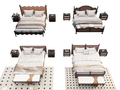 法式复古双人床 法式双人床 双人床组合 床头柜 床尾凳 床品su模型