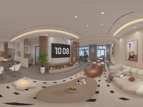  现代奶油风客餐厅 无主灯 装饰画 电视背景墙 沙发组合 