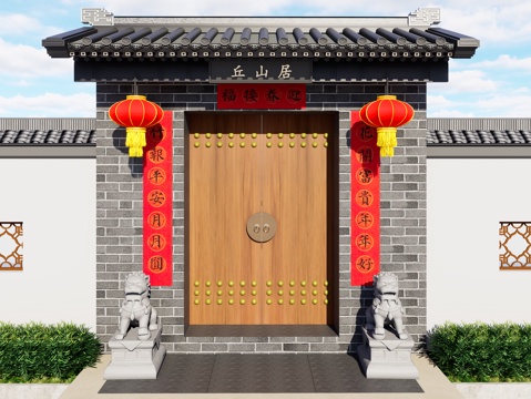 新中式庭院门 古建院门 四合院庭院门 中式入户门 乡村庭院门su模型