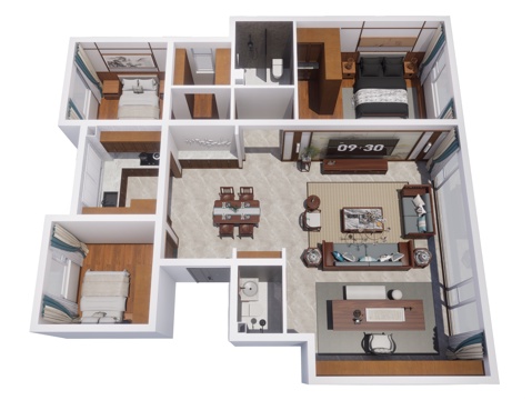 新中式家装鸟瞰 原木风格 大平层 鸟瞰图 新中式家装风格su模型