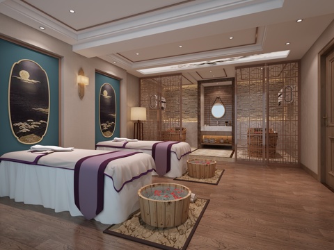  新中式美容院按摩区3d模型 