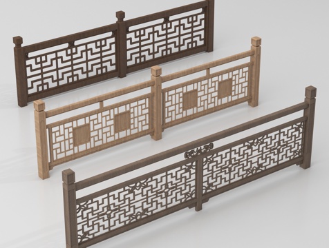 新中式栏杆护栏 栅栏围栏 实木围栏护栏su模型