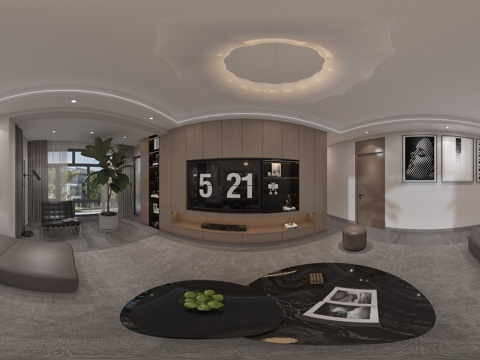  现代极简客餐厅 沙发组合 电视背景柜 厨房餐厅 绿植 装饰画 