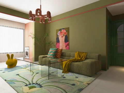  现代家居客厅_多巴胺客餐厅3d模型3d模型 