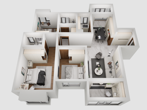 现代风格家装鸟瞰 样板房 客餐厅卧室 厨房卫生间 家具组合su模型