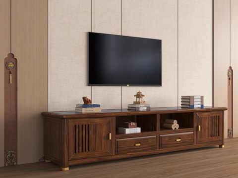 新中式电视柜 电视 饰品摆件su模型