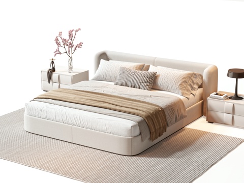  现代双人床 床 双人床 床头柜 摆件 枕头 书 绿植 饰品3d模型 