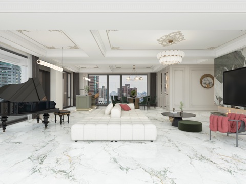  法式客餐厅 大平层 水吧台 钢琴 圆形餐桌 法式鎏金吊顶 法3d模型 