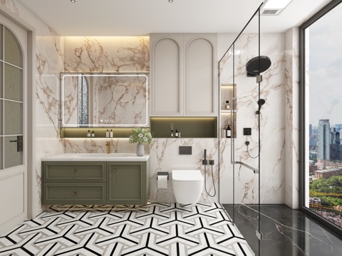  法式卫生间 玻璃隔断淋浴房 法式浴室柜 壁挂马桶 安装花洒3d模型 