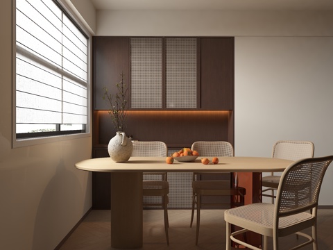  现代侘寂中古风餐厅 餐桌椅 餐边柜 酒柜 无主灯餐厅 盆栽3d模型 