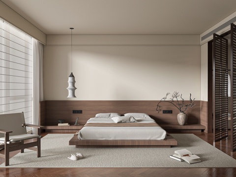  中古风床 现代家居卧室 双人床 轻奢大床 侘寂 卧室3D模型3d模型 