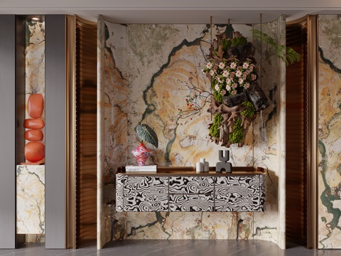 轻奢玄关背景墙 玄关过道背景 端景台 艺术装置 植物挂件 花su模型