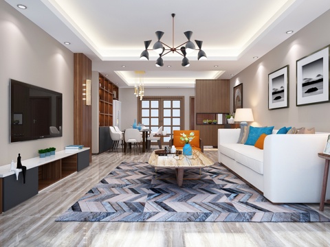  现代客厅 餐厅 沙发 茶几 电视柜 吊灯 酒柜3d模型 