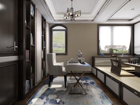  现代书房 书桌 榻榻米 书架3d模型 