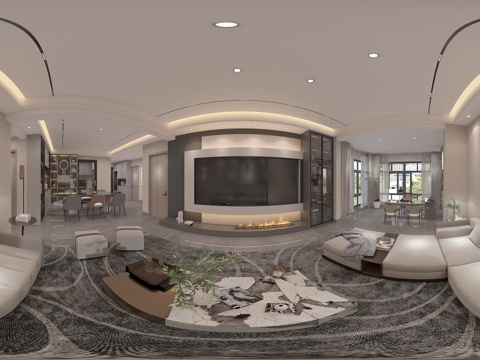  现代客餐厅 无主灯 天地柜 电视背景墙 茶桌 装饰画 