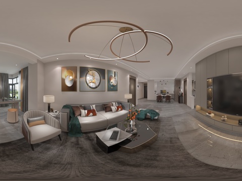  现代极简客餐厅 吊灯 电视背景柜 茶桌 餐厅厨房 绿植 