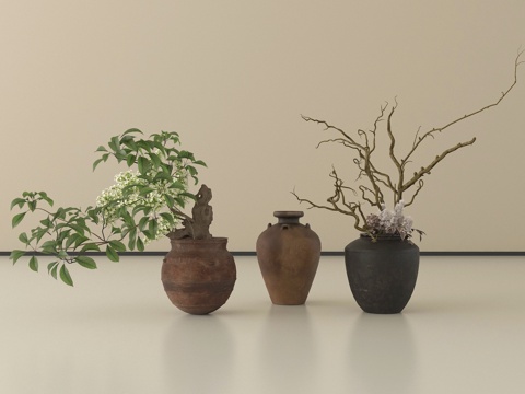 侘寂陶罐花瓶 罐子 干枝 花艺su模型