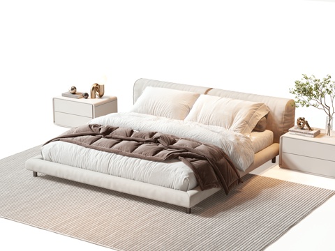  现代双人床 床 双人床 床头柜 摆件 枕头 书 绿植 饰品3d模型 