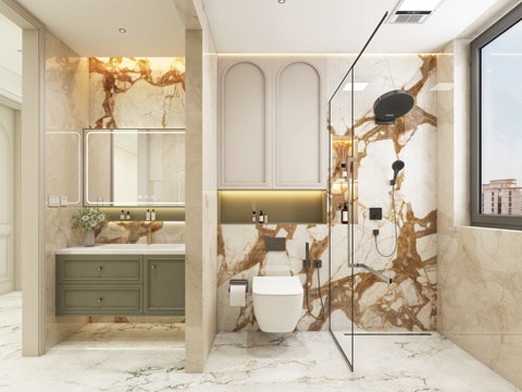  法式卫生间 干湿分离卫生间 干区卫生间 法式浴室柜 暗装花洒3d模型 