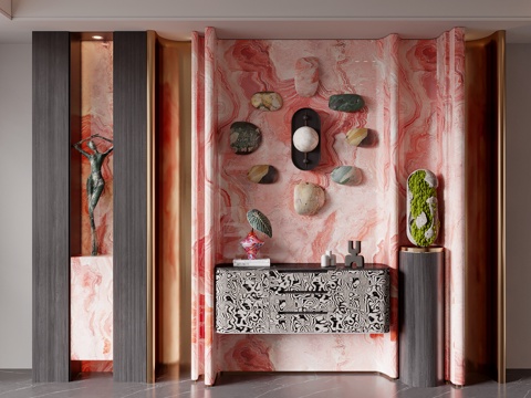 现代玄关背景墙 玄关过道背景 端景台 艺术装置 石头挂件 花su模型