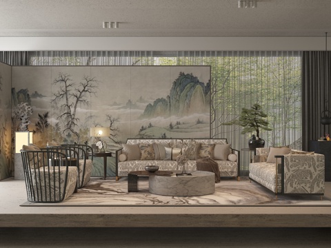  新中式客厅3d模型 