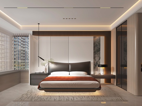  现代轻奢卧室主人房主卧飘窗卧室无主灯卧室3d模型3d模型 