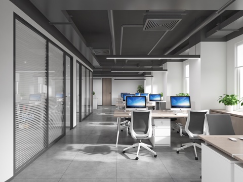  现代公共办公室 开放办公 办公桌椅 办公柜 长条灯3d模型 