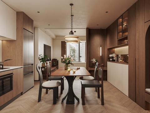  现代中古风餐厅 开放式厨房3d模型 