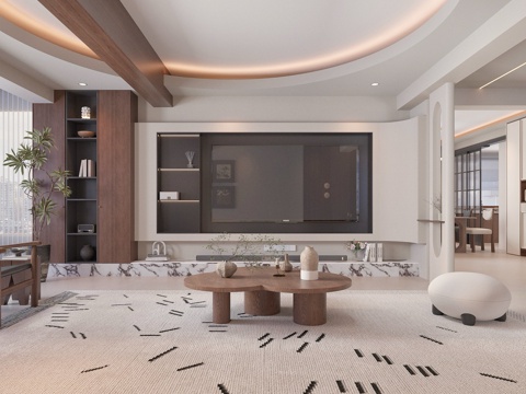  法式复古中古客餐厅 沙发茶几组合 电视柜 绿植 装饰品装饰画3d模型 