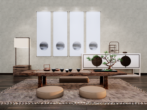 新中式茶室、茶桌su模型