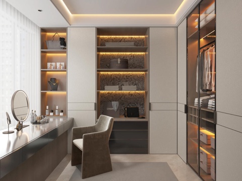  现代轻奢衣帽间主卧衣帽间衣柜组合飘窗衣帽间3d模型 