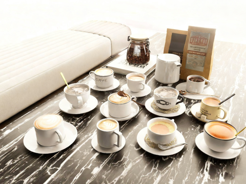 咖啡饮品 咖啡角摆件 拿铁拉花咖啡 书籍与咖啡豆su模型