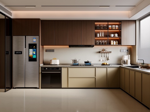  中古风厨房 橱柜组合 吊柜 水槽 冰箱 灶台 油烟机3d模型 