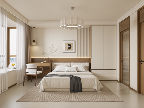  现代简约奶油风卧室3d模型 