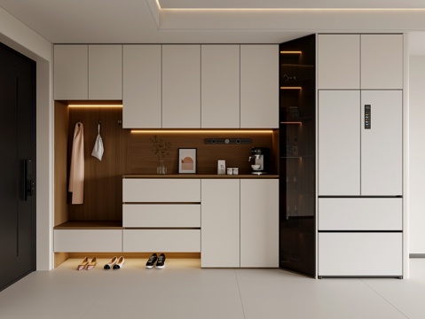 现代餐边柜 鞋柜餐边柜冰箱柜一体  入户鞋柜  餐边柜冰箱柜su模型