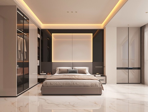  现代卧室主人房小孩房衣柜床组合3d模型 