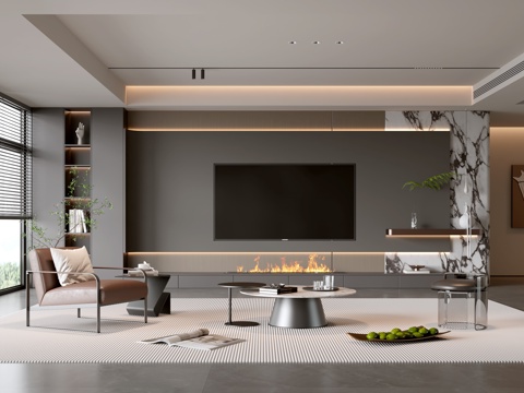 意式客厅 现代客厅 电视背景墙 电视柜 客厅背景 沙发茶几组su模型