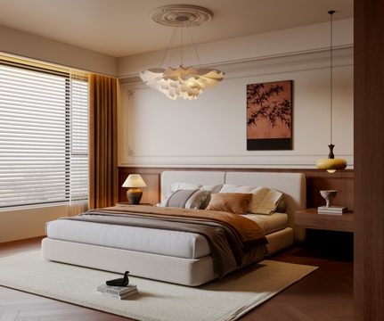  法式中古风卧室 布艺双人床 床头柜 吊灯挂画 地毯3d模型 