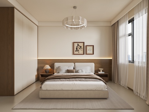  现代简约奶油风卧室3d模型 