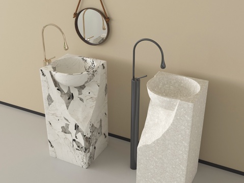 现代台盆 柱盆 水龙头 洗手台 镜子su模型