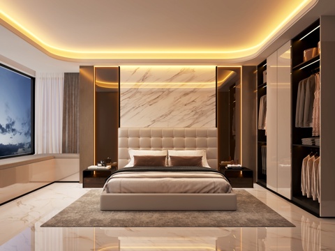  现代轻奢卧室主卧主人房别墅卧室飘窗卧室3d模型 