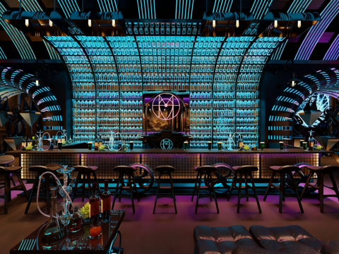 赛博朋克酒吧 夜店 霓虹灯吧台 工业风酒吧全案su模型