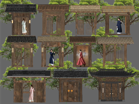 中式别墅庭院门日式花园门头景观su模型