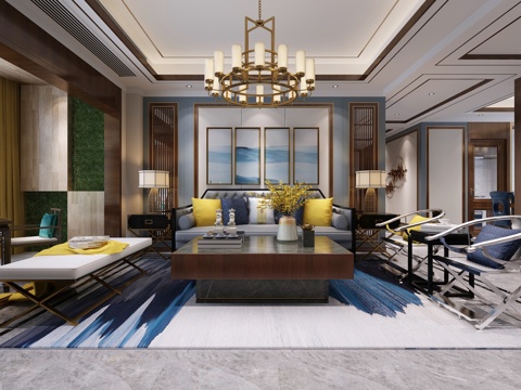  新中式客餐厅沙发茶几3d模型 