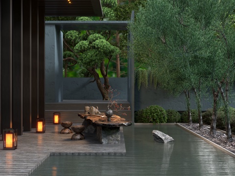  新中式庭院自然景观3d模型 