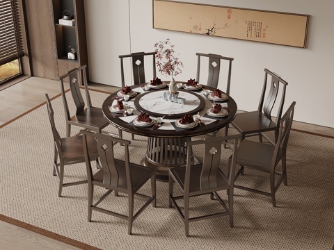 新中式圆形餐桌椅 实木餐桌椅su模型