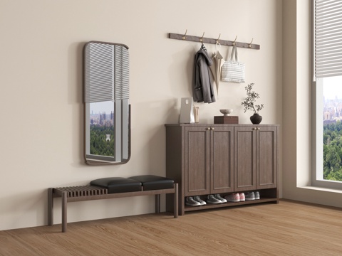 新中式玄关鞋柜 矮柜 木材 换鞋凳 摆件su模型